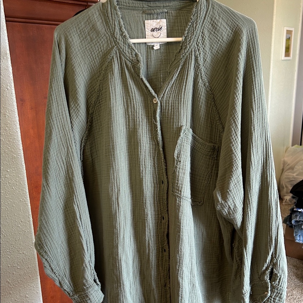 Aerie Olive Green Button-Down Shirt | XXL
